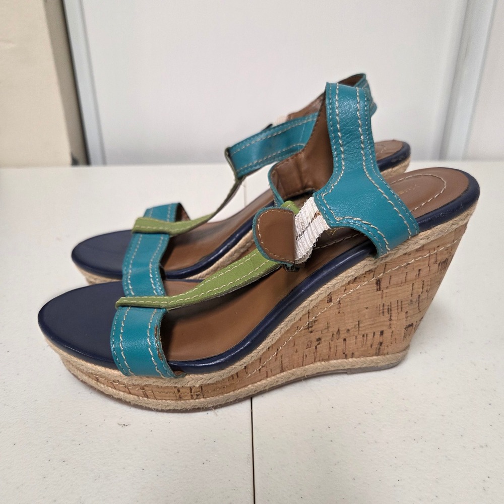 Hush Puppies Renown T-Strap Wedge Sandals Teal Green Leather H506134 Womens 9M